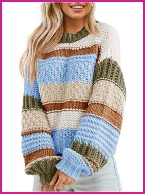 Chunky Knit Cropped Sweater Color Block Striped Pullover Long Sleeve